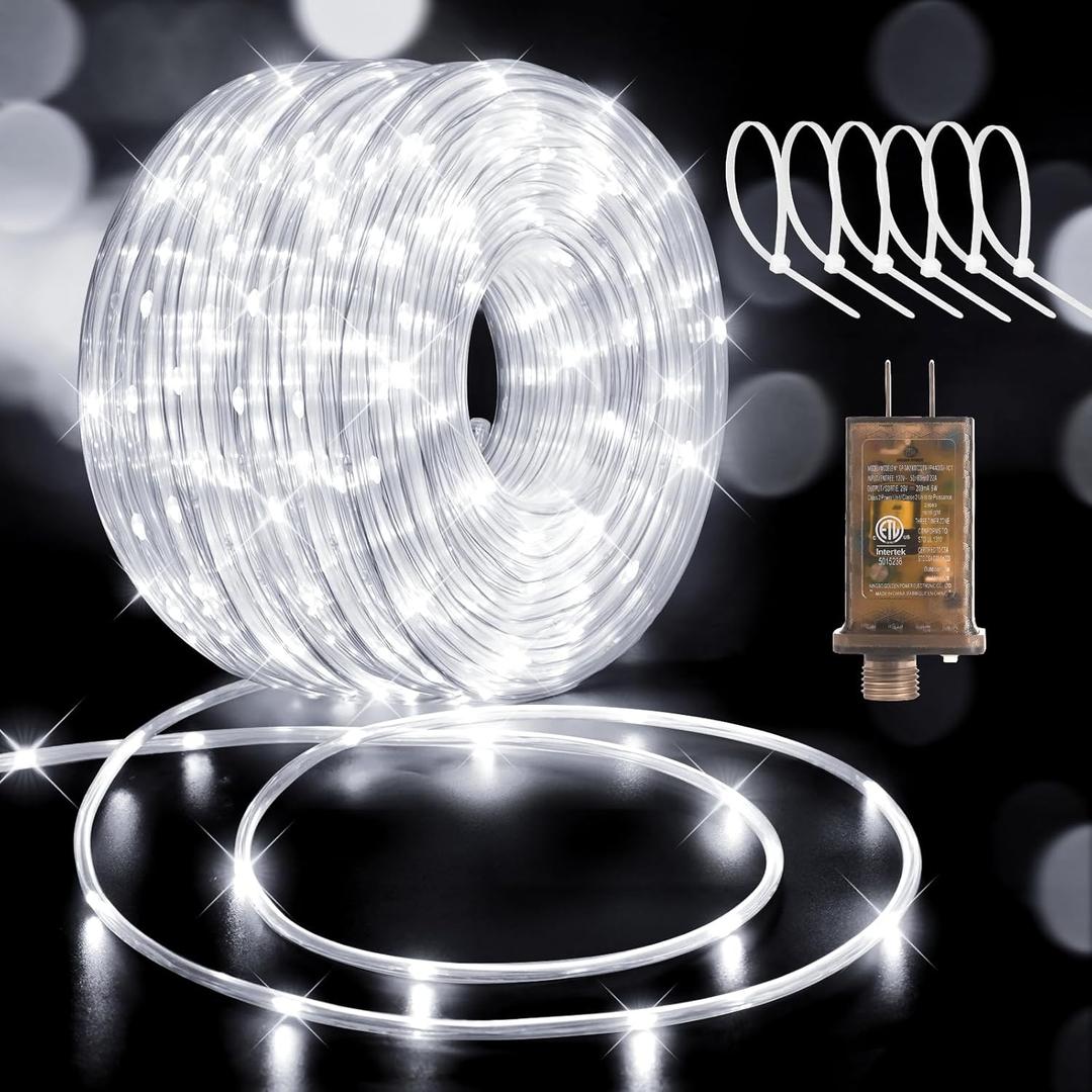 Hezbjiti LED Rope Lights 197FT Waterproof Rope Light 600 LED Flexible Tube Lights Plug in with 8 Modes for Garden Patio Bedroom Party Indoor Outdoor Decorations (Cold White)