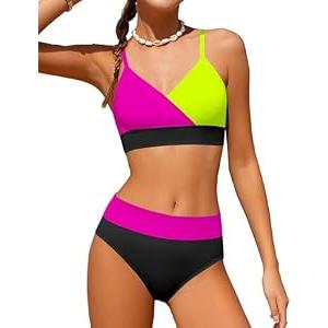 ADIFUN Girls Swimsuit Size 13 Size 14 V Neck Adjustable Straps Black Pink Bikini Set Color Block with Cover Up Skirt Bathing Suits for Teen Girls Size 12-14