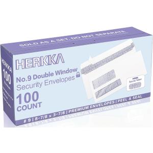 #9 Double Window Security Envelopes, HERKKA No.9 Double Window Business Envelopes Designed for Invoices and Business Statements - Number 9 Size 3 7/8 Inch X 8 7/8 Inch - 24 LB - 100 Pack