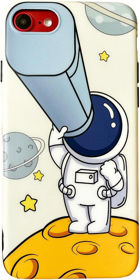 Case for iPhone SE 7/8 for Kids Teen Boys Girls, Slim Fit Matte Design Astronaut Space Telescope Pattern Cool Fun iPhone SE Soft Phone Cover (Astronaut-5, iPhone 7/8)