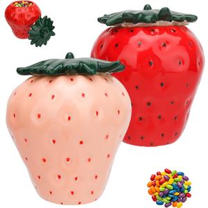 AKAZA 2 Pack Strawberry Decor Storage Jars, 12 Oz Ceramic Cookie Containers With Airtight Lids - Cute Sugar Canisters Set For Candy, Coffee Beans, Flour, Tea, Spices, Kitchen Counter Decor