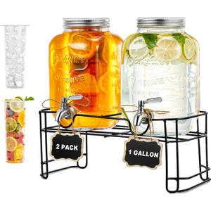 Drink Dispensers for Parties 1 Gallon, 2-PACK Glass Beverage Dispenser with Leakproof Stainless Steel Spigot, Stand, Ice Cylinder, for Christmas, BBQ, Picnic, Lemonade, Cocktails