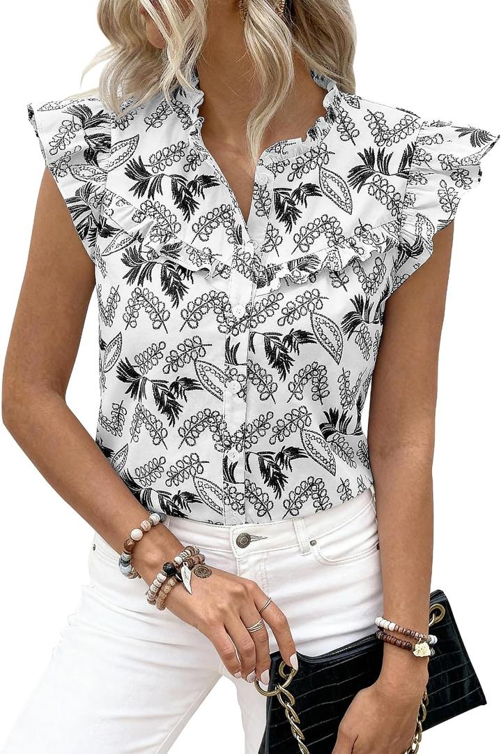 dowerme Womens Spring Tops 2026 Cute Ruffle Cap Sleeve V Neck Floral Boho Blouses Button Down Work Shirts Summer Outfits (White, M)