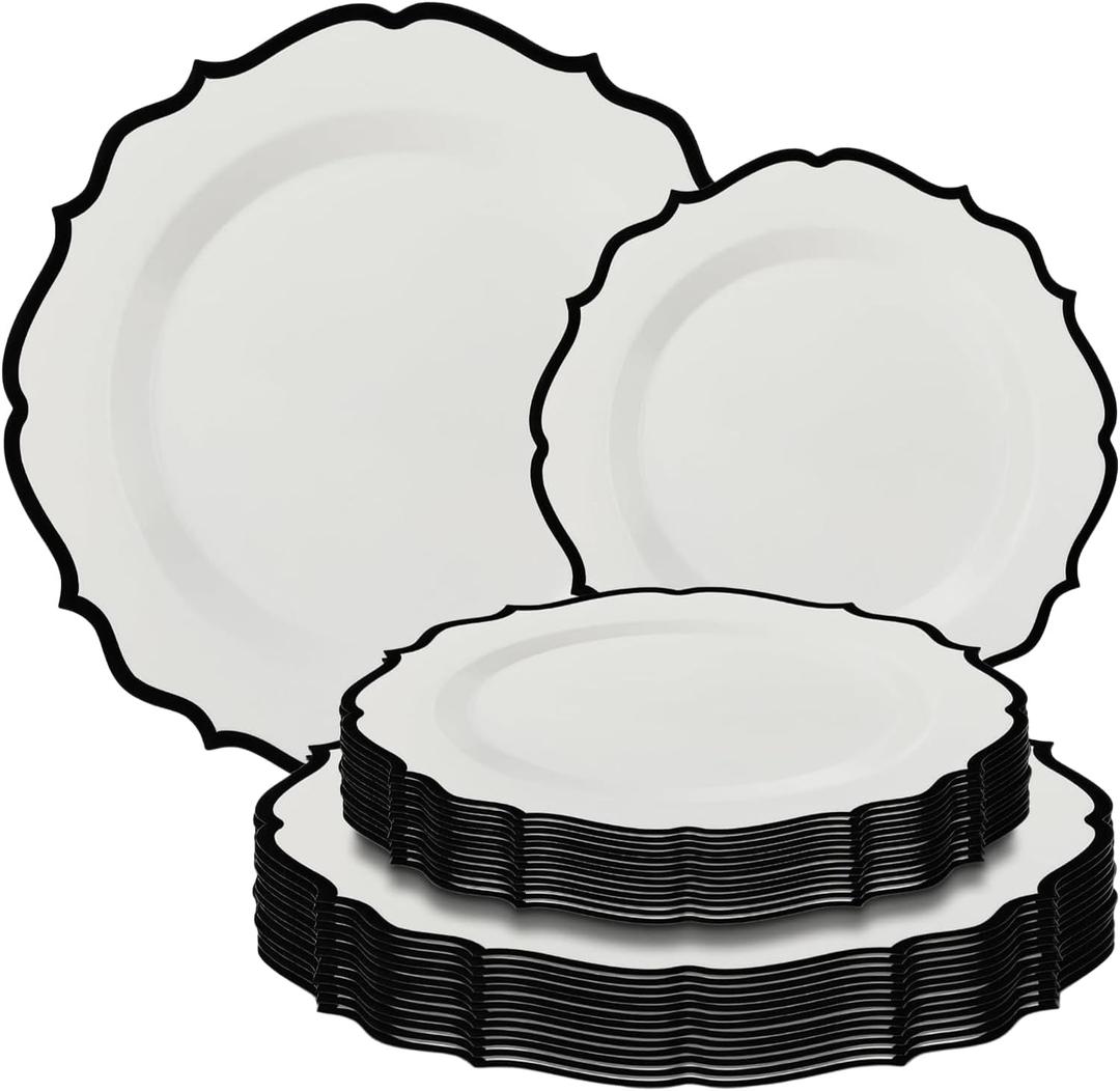 Contemporary Collection Combo White Plates with Black Rim - 7.5" - 10.5" (Pack of 32) - Sleek Modern Design - Perfect for Entertaining & Everyday Use