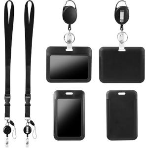 4Pack Badge Holders with Retractable 2Pcs Round &Oval Reels&Lanyards (Black 2Vertical 2Horizontal Holder 4Reel 2Lanyard, Black-5)