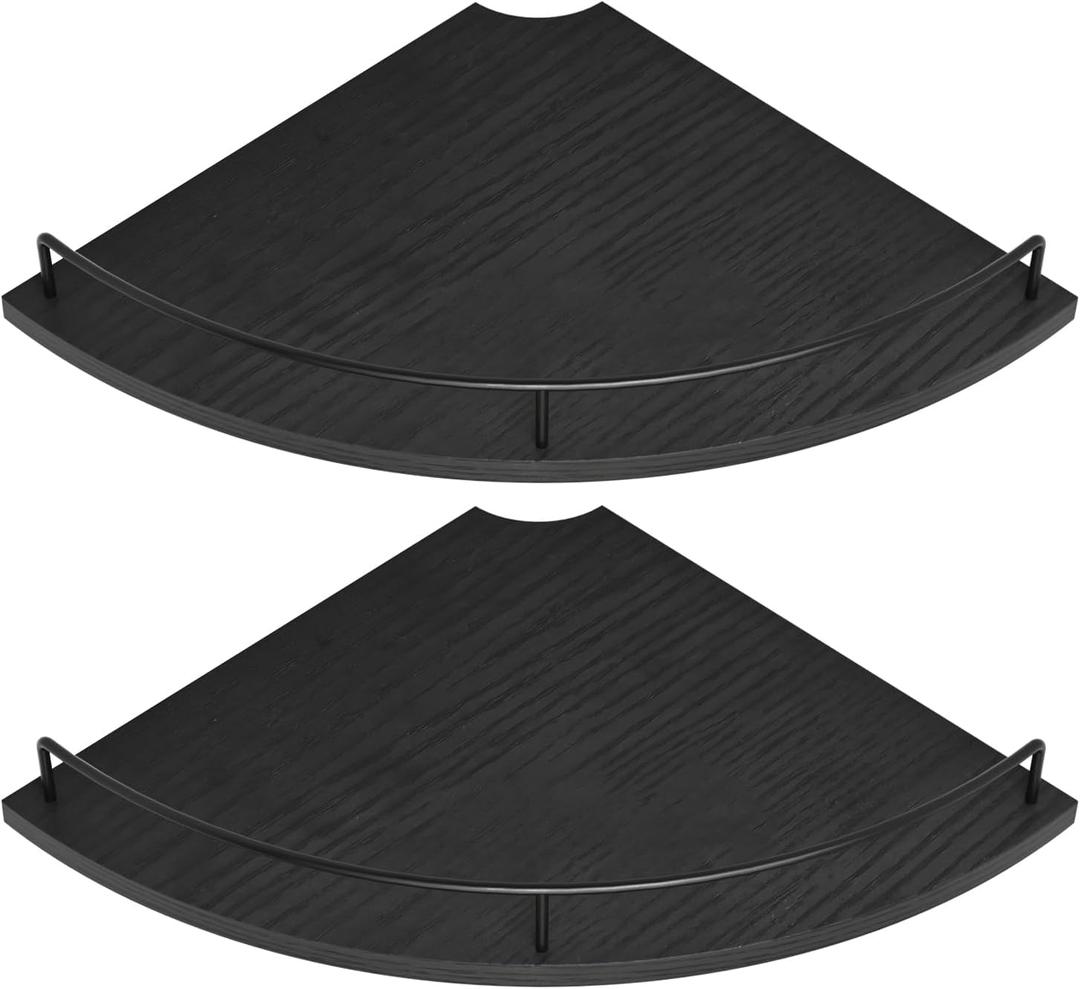 Corner Floating Shelves, Rustic Brown Wood, Set of 2, Wall Mount Storage with Guardrail for Bathroom Kitchen Living Room (Black)