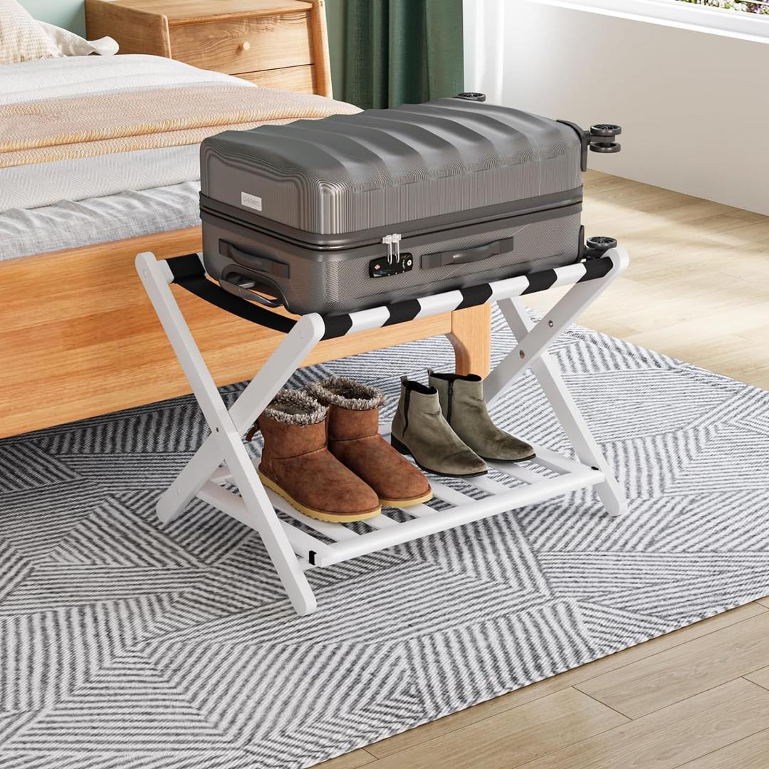 Smuxee Fully Assembled White Luggage Rack, Upgraded Bamboo Foldable Suitcase Stand with 5 Nylon Straps, Luggage Holder with Shelf for Guest Room Bedroom Hotel (White Luggage Rack 1pcs)