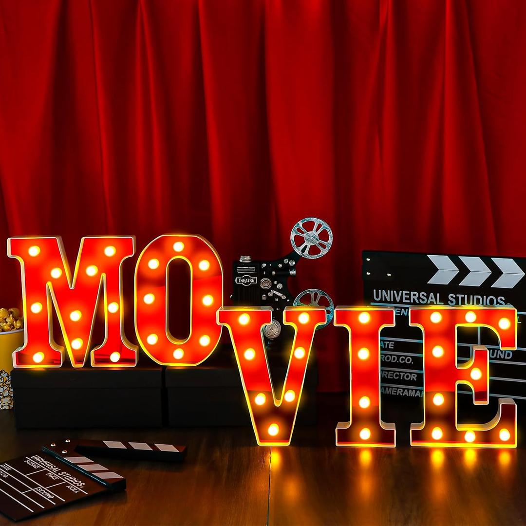 Yoiemivy LED Marquee Letters Light, Party Decoration Sign Silver Glitter Alphabet Shiny Light Up Alphabet Marquee Letter Sign for Bar Holiday Christmas New Year Wedding Party (Movie)