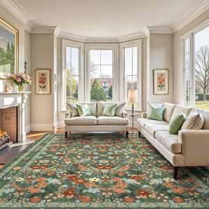 Deerly Green Floral Washable Area Rugs 9x12 for Living Room Large Vintage Boho Non-Slip Bedroom Carpet Soft Low Pile Thin Floor Mat Indoor for Dining Room Playroom Nursery Farmhouse, Green/Multi