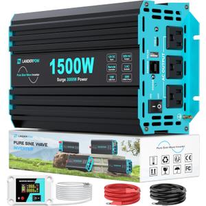 1500 Watt Pure Sine Wave Inverter, 12V DC to 120V AC Inverters for Car, RV, Truck, Home, Camping, Solar Power Inverter with 3 AC Outlet, 30W USB-C, 5V 3.1A USB, Remote Control, Surge 3000W