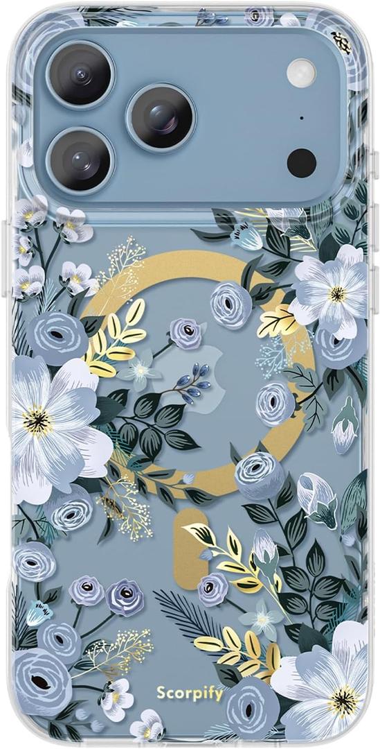 SCORPIFY for iPhone 17 Pro Case [Compatible with MagSafe] with Blue Nemophila Floral Design, Cute Clear Flower Magnetic Phone Cover for Women Girls,[Non Yellowing] Slim Bumper with Gold Accents