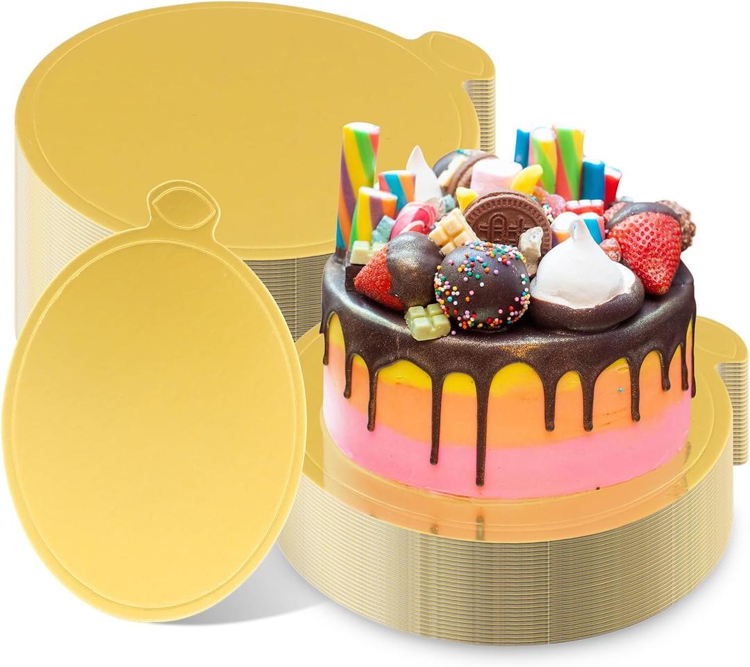 50 Pcs 5 Inch Mini Cake Boards Round Golden Mousse Cake Boards Disposable Cardboard Plate Round Coated Cakeboard for Kitchen Baking Caking Pizza Dessert Cupcake Tray (5 Inch)