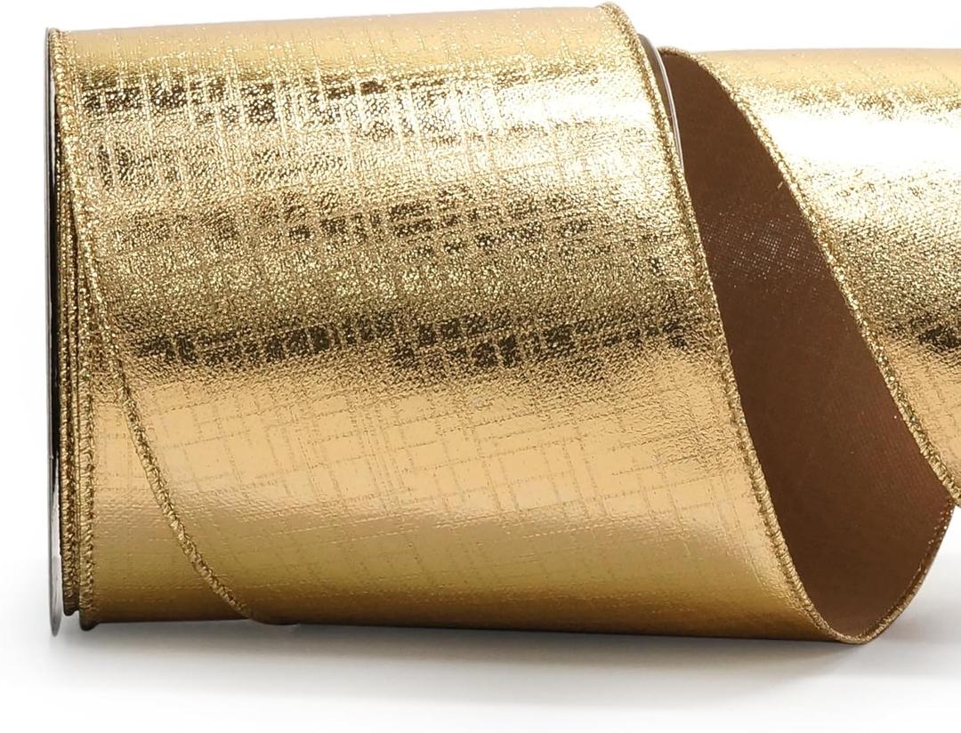 ALTIER 4 Inch x 10 Yards Gold Metallic Foil Wired Ribbon for Christmas Home Decoration Gift Wrapping Bow Making Wreath DIY Crafts