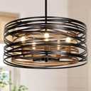 19.7'' Farmhouse Chandelier for Dining Room, Kitchen Lighting Fixtures Ceiling, 5-Light Black Pendant Light Fixture, Modern Industrial Drum Hanging Light for Over Table Foyer Entryway Hallway