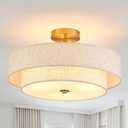 Modern Semi Flush Mount Ceiling Light 18" Modern Gold 3-Lights Drum Ceiling Lighting Fixture Vintage Linen Golden Ceiling Lamp for Laundry Room, Kitchen, Basement, Dining Room, Bedroom (2-Tier Gold)
