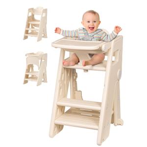 VBABY High Chairs for Babies and Toddlers, 3 in 1 Foldable Highchair with Adjustable Tray, Convertible High Chairs to Toddler Tower, Portable Baby Highchairs, Beige