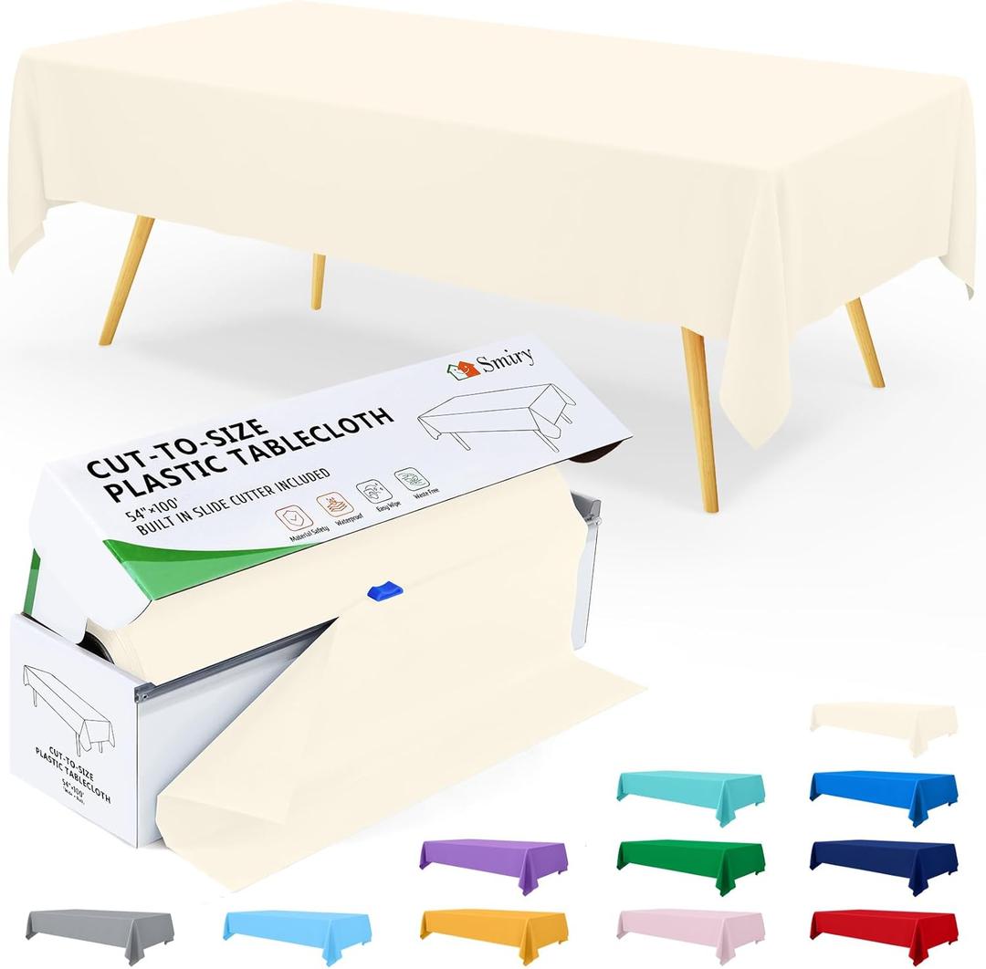 Smiry 54 Inch x 100 Feet Disposable Table Cover Roll, Beige Plastic Table Cloth in Cut-to-Size Box with Slide Cutter, Waterproof Rectangle Tablecloths for Weddings, Banquets, Outdoor