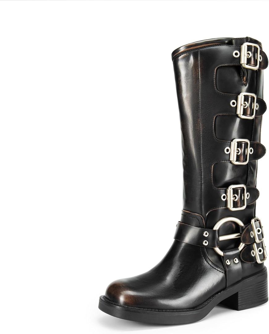 DREAM PAIRS Women's Knee High Riding Boots Side Zipper Motorcycle Boots Square Toe Chunky Heel Fashion Buckles Biker Boots (10, Black/Brown)
