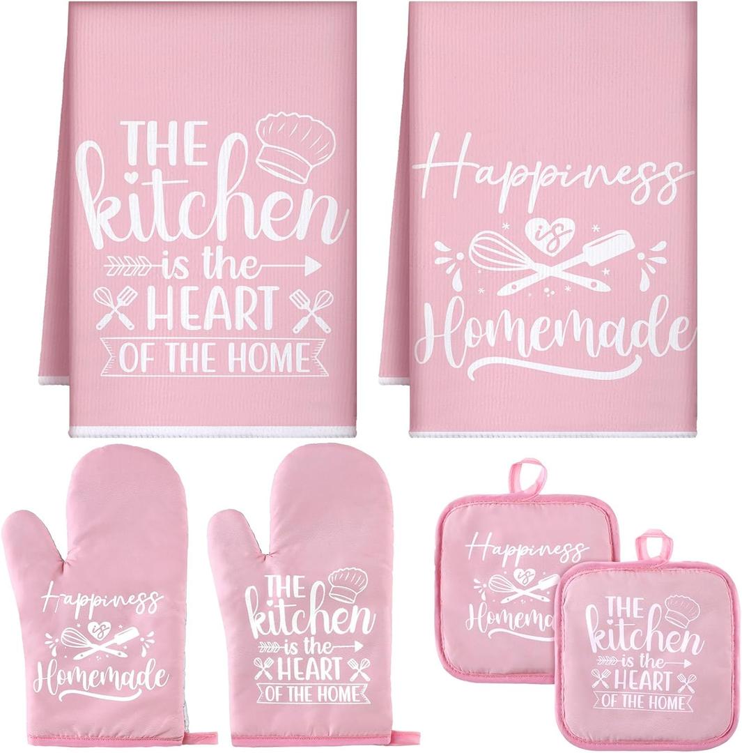 Sratte 6 Pcs Kitchen Decor Accessories Set Farmhouse Towels Pot Holders Oven Mitts Set 2 Dish Towels 2 Potholders 2 Cooking Mittens Oven Glove for Christmas Baking Cooking Supply(Pink,Kitchen)