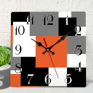 ArtSocket Wooden Wall Clock Silent Non-Ticking, Abstract Orange Black Grey Geometric Minimalist Checkered Square Rustic Wall Clocks Decor for Home Kitchen Living Room Office, Battery Operated (12 Inch)
