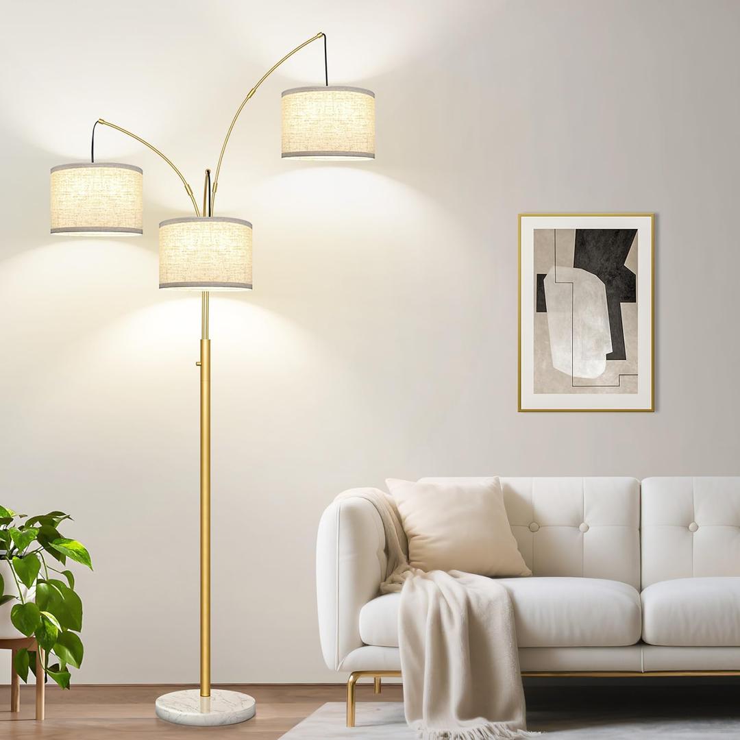 Dimmable Floor Lamp - 3 Lights Gold Arc Floor Lamps for Living Room, 1000LM Modern Tall Standing Lamp with White Shade&Marble Base, Mid Century Tree Floor Lamp for Bedroom Office, 3 LED Bulbs Included
