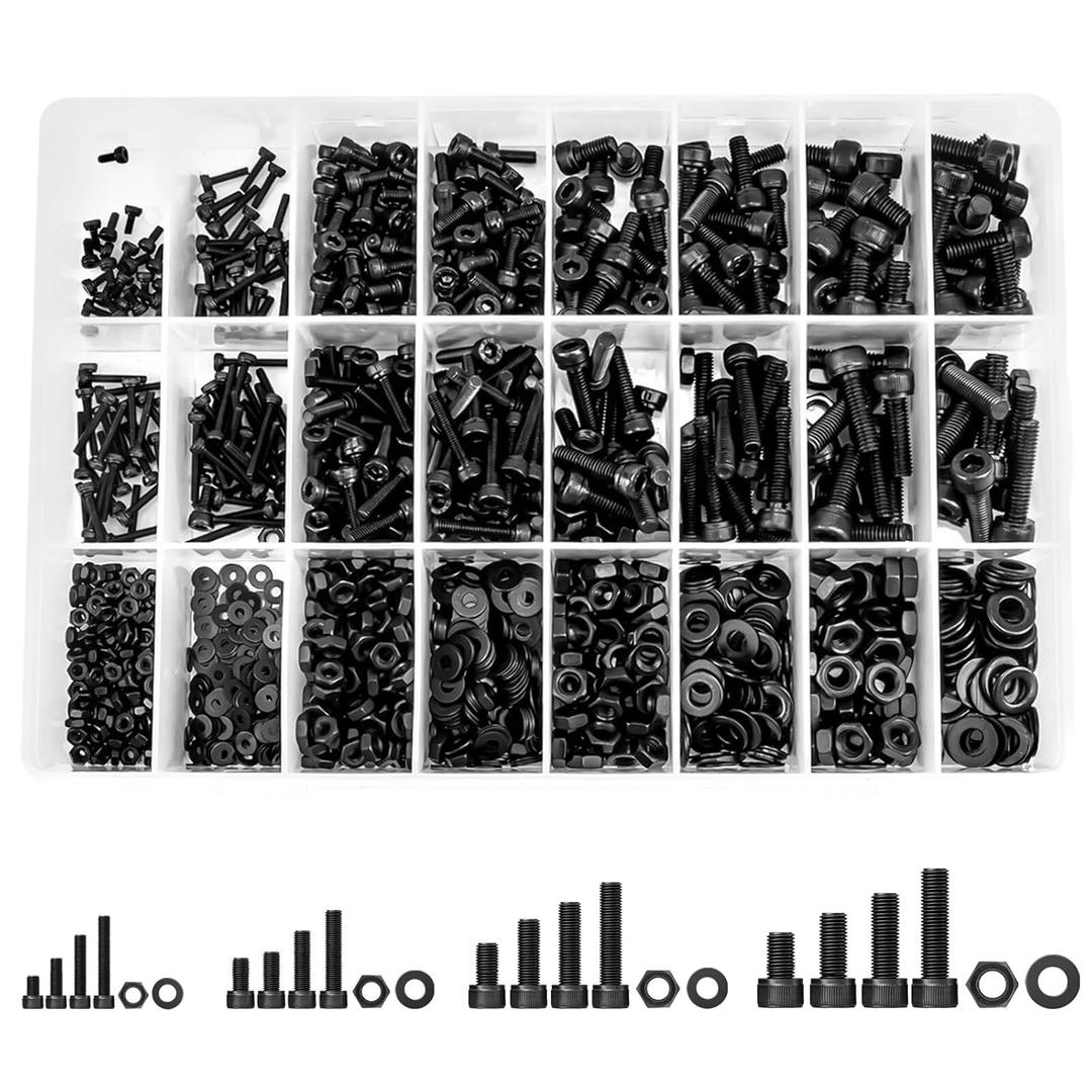 1390 Pcs M2 M3 M4 M5 Metric Screw Assortment, Grade 12.9 Alloy Steel Hex Socket Head Cap Nuts Bolts Washers Kit, Black Zinc Plated and Anti Rust Metric Screw Set 16 Sizes 4MM to 20MM