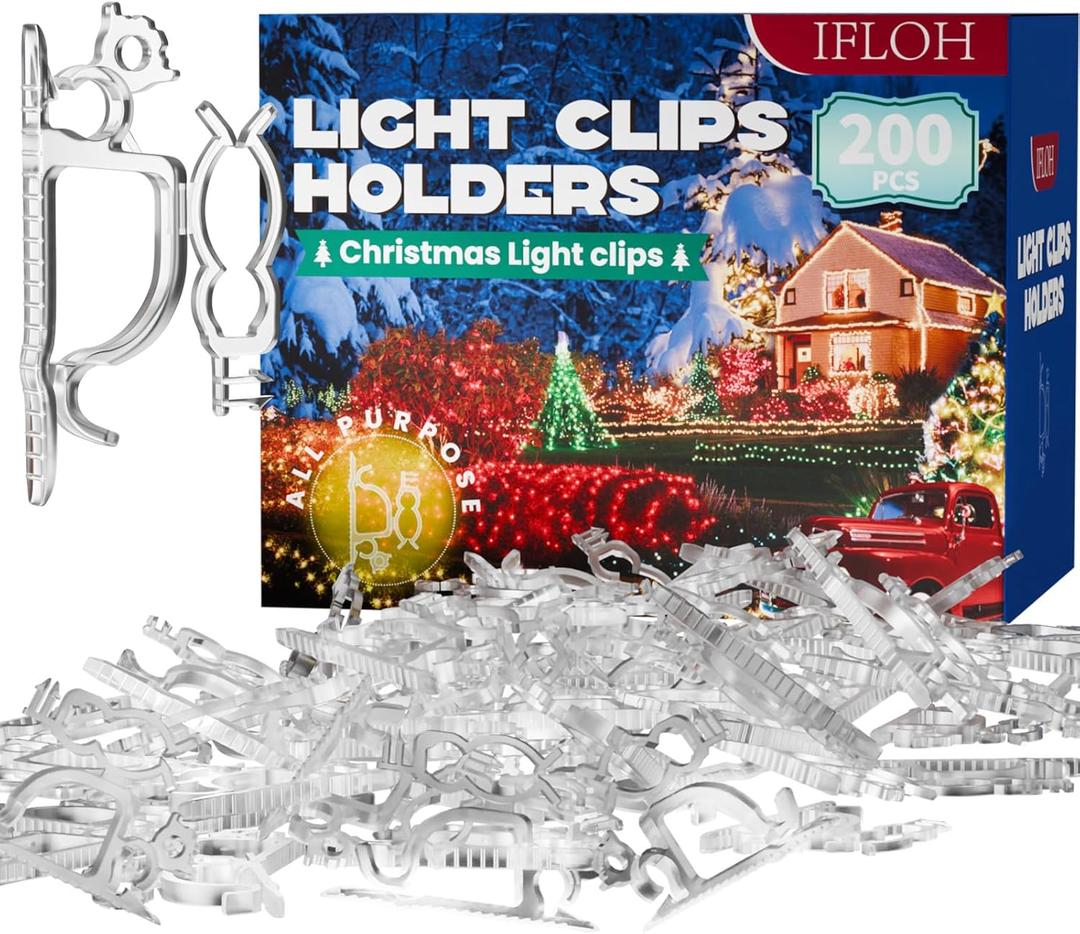 Holiday Light Clips [Set of 200] Christmas Outdoor Light Clips - Mount to Shingles & gutters - Works with Mini, C6, C7, C9, Rope, Icicle Lights - No Tools Required