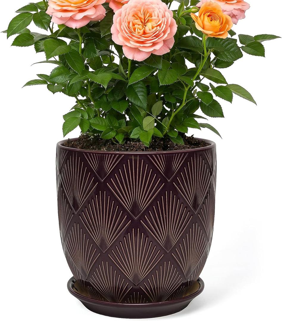 7.2 Inch Modern Ceramic Glaze Plant Pot with Drainage Hole,Mesh Net,Saucer,Indoor Outdoor Planter(Fan-Dark Purple)