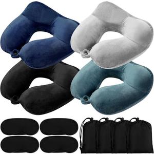 Sintuff 4 Sets Inflatable Travel Pillows for Airplanes with Compact Bag and Blindfold Velvet Inflatable Neck Pillow for Traveling Head Support U Shaped Flight, 12 x 12 x 5.5 Inch