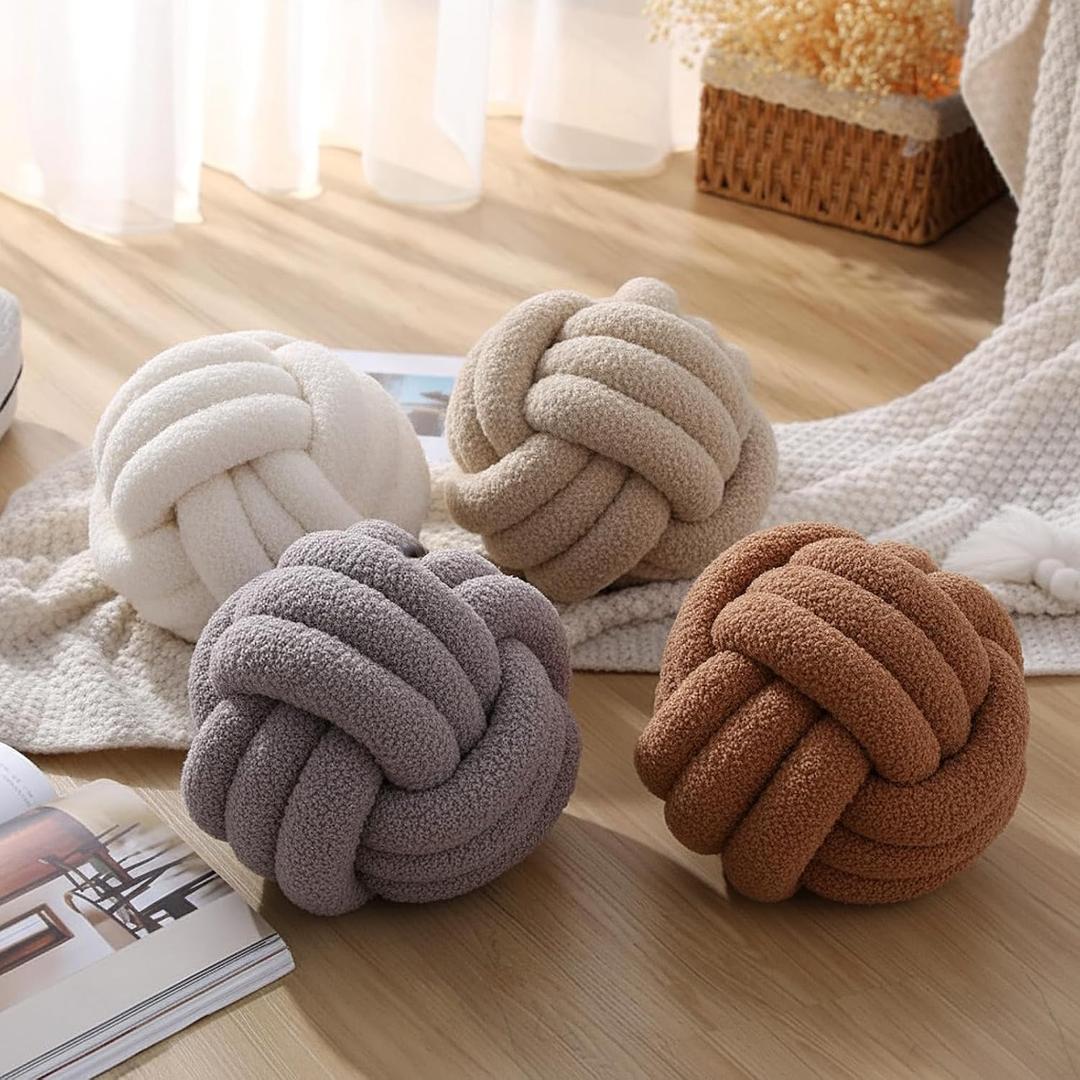 Beeveer 4 Pcs Knot Pillow Ball Soft Sherpa Throw Pillow 8.6'' Decorative Round Accent Pillows Aesthetic Decor Handmade Cushion for Home Couch Bed Sofa Chair(Soft)