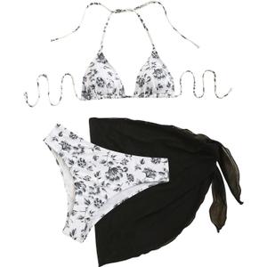 SHENHE Women's 3 Piece Floral Bikini Set with Wrap Coverup Halter Triangle Swimsuits (Black and White)