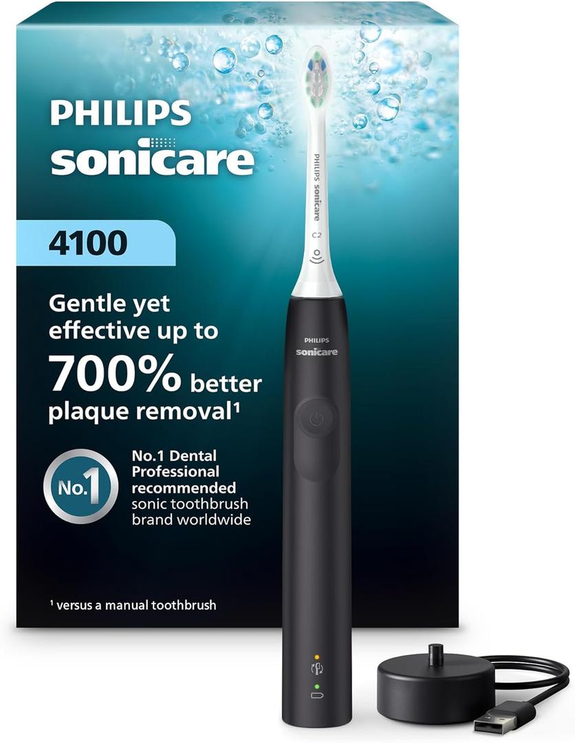 Philips Sonicare 4100 Rechargeable Electric Toothbrush, 1 Brush Head, Black
700% More Plaque Removal¹, Pressure Sensor, 2 Brush Settings, 2-Minute Guided Timer, 14-Day Battery, HX3681/24