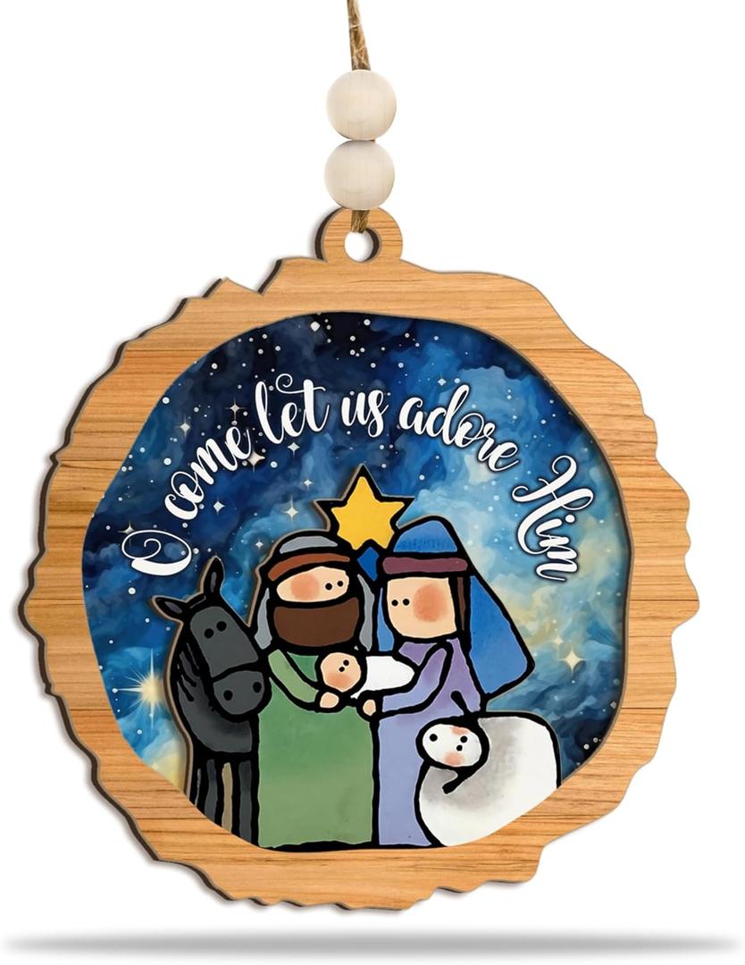 2 x Nativity Scene Ornament 2025, O Come Let Us Adore Him  Wooden Holiday Decoration with Holy Family & Starry Sky  Rustic Christian Christmas Tree Ornament & Faith Gift
