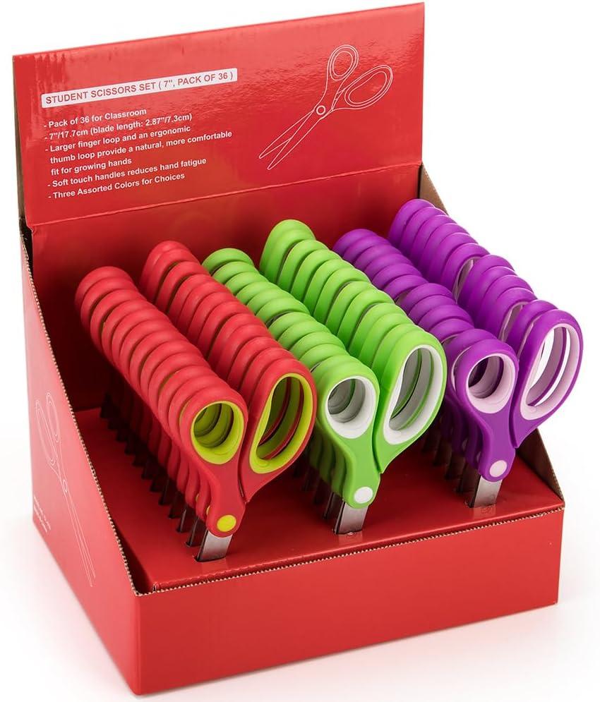 Students Scissors (36 Pairs Teacher Pack, Rounded-tip, 7- Inch) - 7 Soft Touch Blunt Kids School Student Scissors Shears KT-009-R36-A (Pack of 36) (Green)