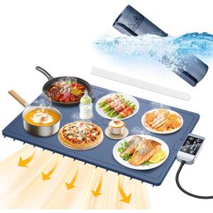 Waterproof Electric Food Warming Mat, Food Grade Silicone Warming Tray with 17 Temp Setting and 6 Hours Timer, Full Surface Warming Mat for Food, Roll Up Food Warmer Mat for Parties (Navy Blue)