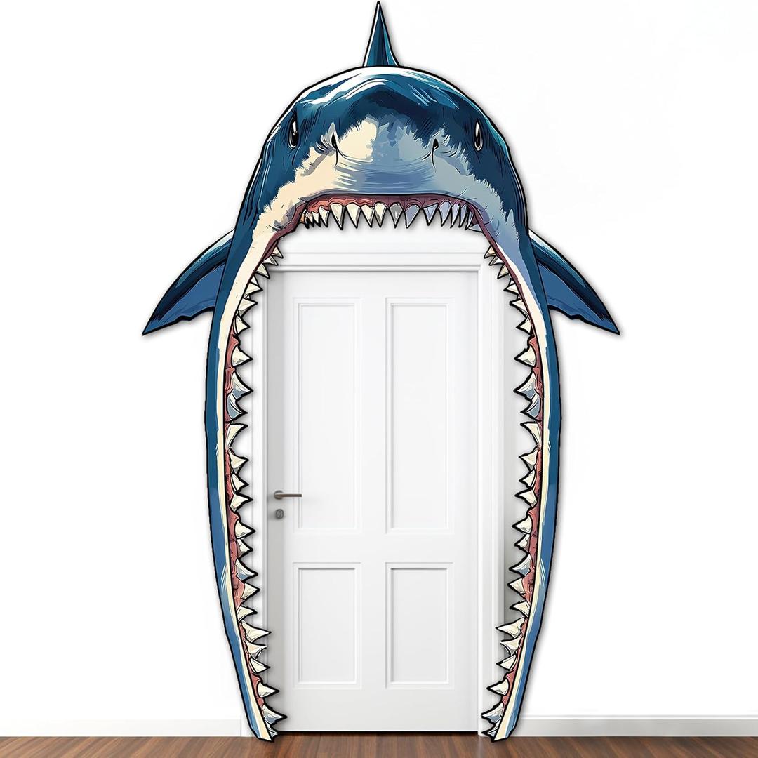 Shark Party Porch Banner Sea Shark Themed Party Door Decoration Shark Door Banner Hanging Supplies Sea Animal Photo Backdrop for Ocean Birthday Photo Booth Prop Door Covering Wrap Supplies