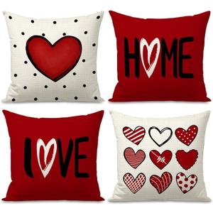 Valentines Day Pillow Covers 18x18 inch Set of 4 for Valentine Decor Red Black Dots Love Heart Throw Pillows Decorative Cushion Cases Valentines Day Decorations