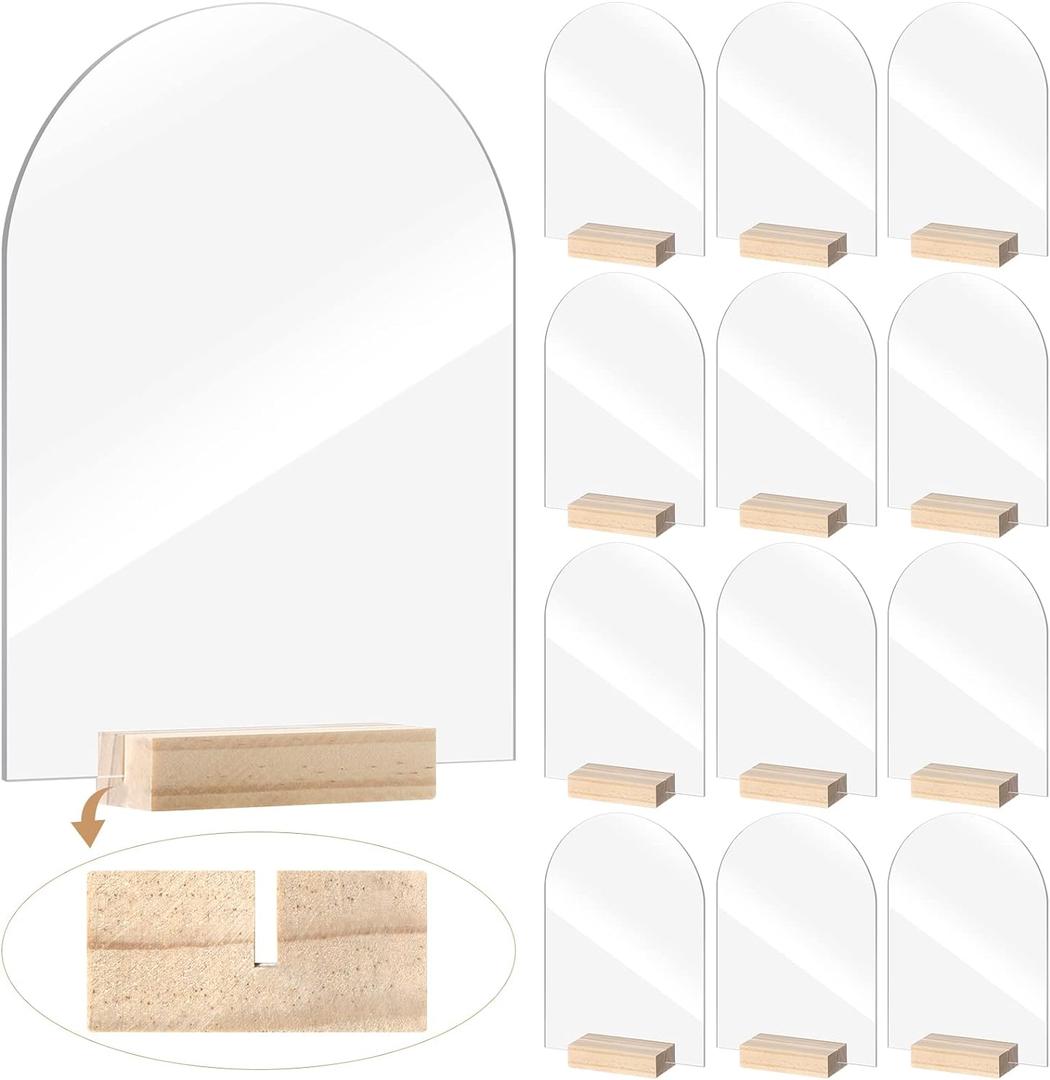 Yalikop 12 Pack Acrylic Sign Holder with Wood Base DIY Signs Acrylic Table Numbers Modern Signs Plaque Vertical Table Decor for Wedding, Restaurant, Store, Office, Hotel(5 x 7 Inch)
