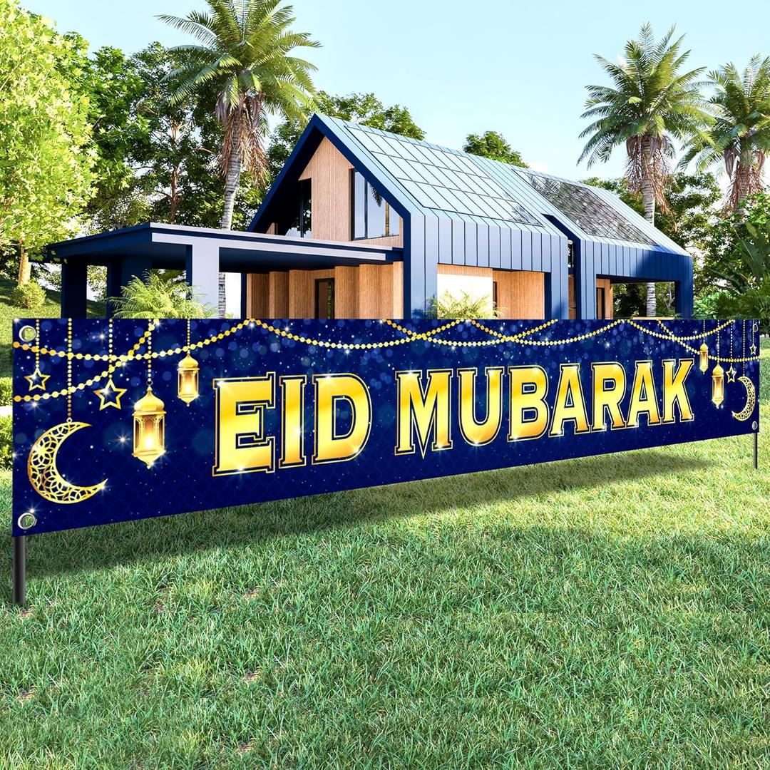 KatchOn, Eid Mubarak Banner Decorations - Large, 120x20 Inch | Blue Eid Decorations for Home 2025 | Eid Mubarak Sign, Eid Mubarak Backdrop, Eid Mubarak Decorations for Home | Eid Decorations Outdoor