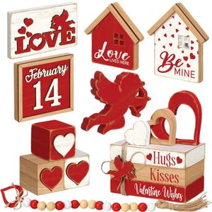 Vercraft 15 Pcs Valentine's Day Tiered Tray Decor Vintage Love Cupid Wooden Sign Valentine's Day Table Decorations Red White Be Mine House Wood Block Valentine Centerpieces for Home Tabletop Decor