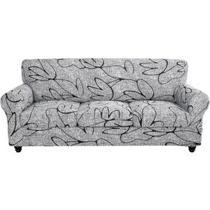 SearchI Stretch Sofa Cover Printed Couch Cover, Floral Pattern 4 Pieces Sofa Slipcover with 3 Separate Cushion Cover, Washable Furniture Protector for Living Room(Sofa, Grey Lotus+White) (Large)