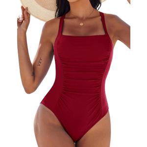 AI'MAGE Womens One Piece Swimsuits Tummy Control Ruched Slimming Bathing Suit Vintage Retro Push Up Swimwear S-XXL (Red)