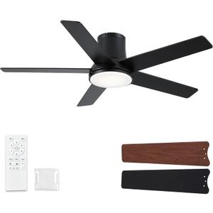 52 Inch Ceiling Fans with Lights and Remote, Flush Mount Black Ceiling Fan for Bedroom Living Room Indoor/Outdoor, Quiet 6 Speed Reversible DC Motor, 3CCT, Dual Color 5 Blades, ETL Listed