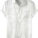 ZEROYAA Men's Shiny Luxury Silk Satin Floral Jacquard Short Sleeve Regular Fit Button Down Shirt for Party Prom (XX-Large, White)