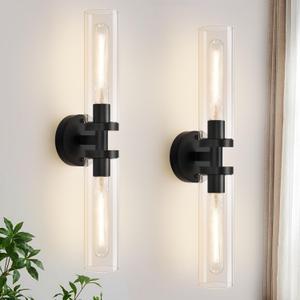 Wall Sconces Set of Two, Hardwired Matte Black Bathroom Sconces Wall Lighting with Clear Glass, Modern Sconces Wall Decor Set of 2 Bathroom Light Fixtures for Mirror Hallway (Bulbs Not Included), 22inch - 2pc