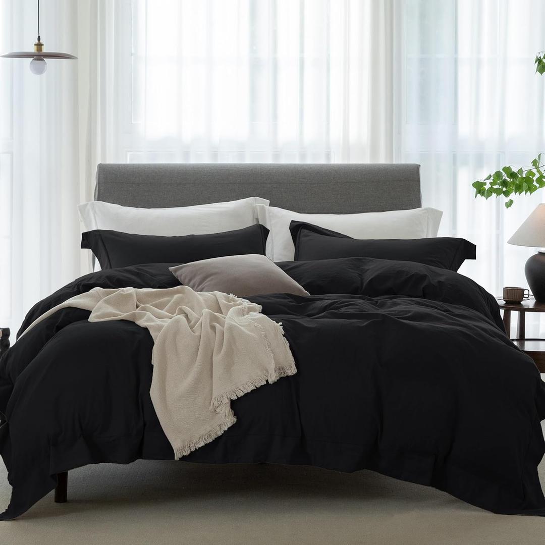 Cooling California King Duvet Cover Set 3 Pieces-100% Washed Cotton with Chic Wide Trim Design Linen Like Textured Ultra Soft Cozy Bedding-Zipper Closure(Hemmed Solid Black,Cal King 104"x98")