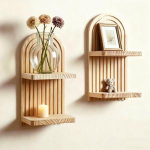 Artilady 2 Pack Boho Wall Hanging Shelves - 2 Tier Handmade Rainbow Arch Solid Wood Floating Shelf Wall Decor Trinket Storage Rack for Bedroom Living Room Nursery Bathroom