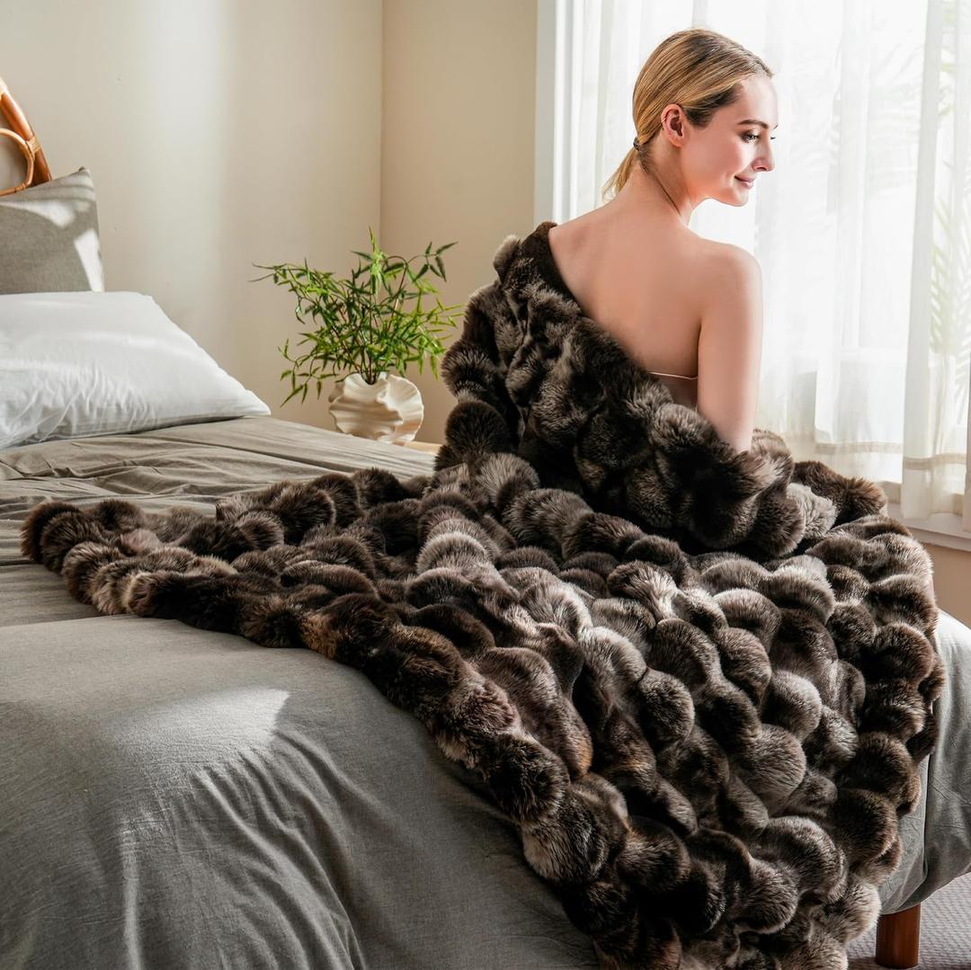 BENVWE Fluffy Faux Fur Throw Blanket for Couch, Soft Plush Thick Cozy Fuzzy Luxury Minky Bubble Blanket for Home Living Room Decor Gift for Women, Tie-dye Coffee, 60" x 80", 1100GSM, Twin