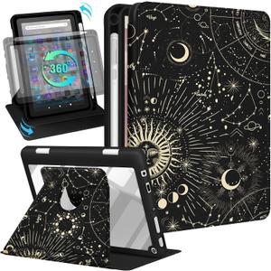 Kidcube for Kindle Fire HD 8/8 Plus Tablet Case - 10th/12th Generation (2020/2022) 8" Women Girls Cute Folio Cover with Pencil Holder Sun Moon Stars Rotating Stand Cases for Amazon Fire HD 8/8 Plus