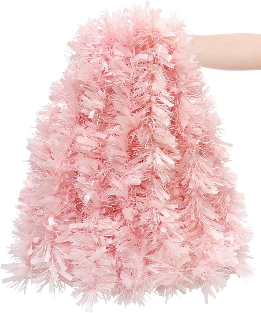 19.68 Feet Christmas Tinsel Garland, Pink Holiday Metallic Garland Decorations, Party Ceiling Hanging Foil Garland for All Season Indoor Outdoor Wedding Winter Wonderland Home Dcor
